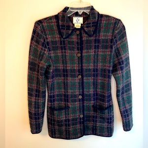 iCe Size Small 100% Wool 2 Pocket Blue Green Red Women’s Plaid Cardigan Jacket